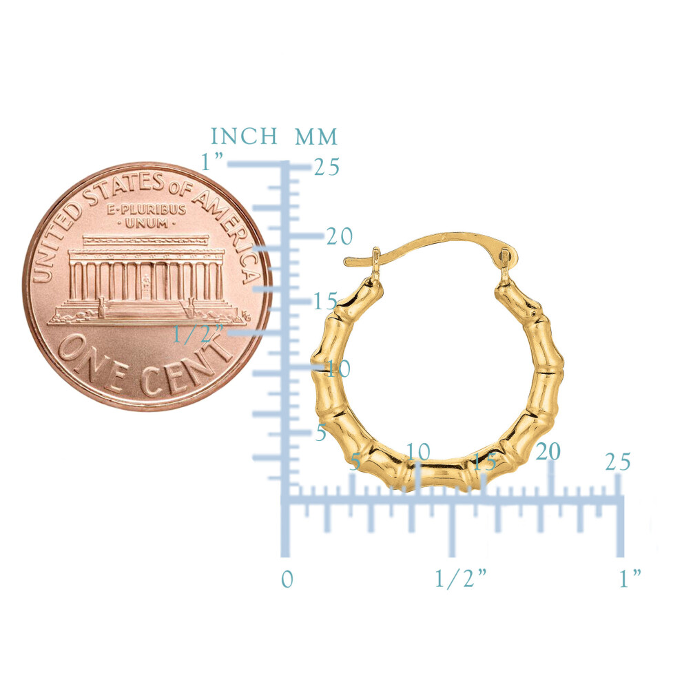 10k Yellow Gold Shiny Bamboo Round Hoop Earrings, Diameter 18mm - Image 2