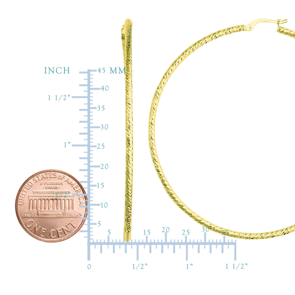 14K Yellow Gold Diamond Cut Round Design Hoop Earrings, Diameter 60mm - Image 2
