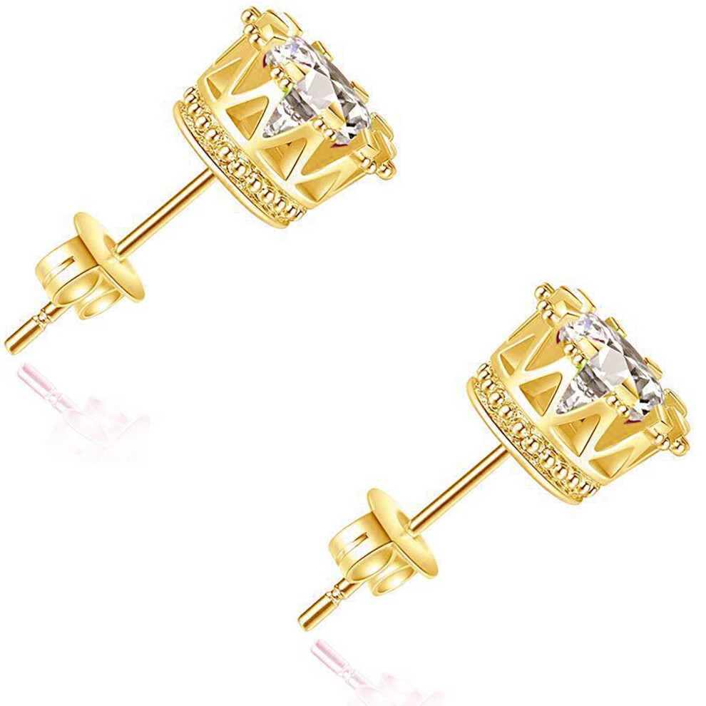 14k Yellow Gold Plated Crown Women Men CZ Crystal Solitaire Stud Earrings Small - Image 4