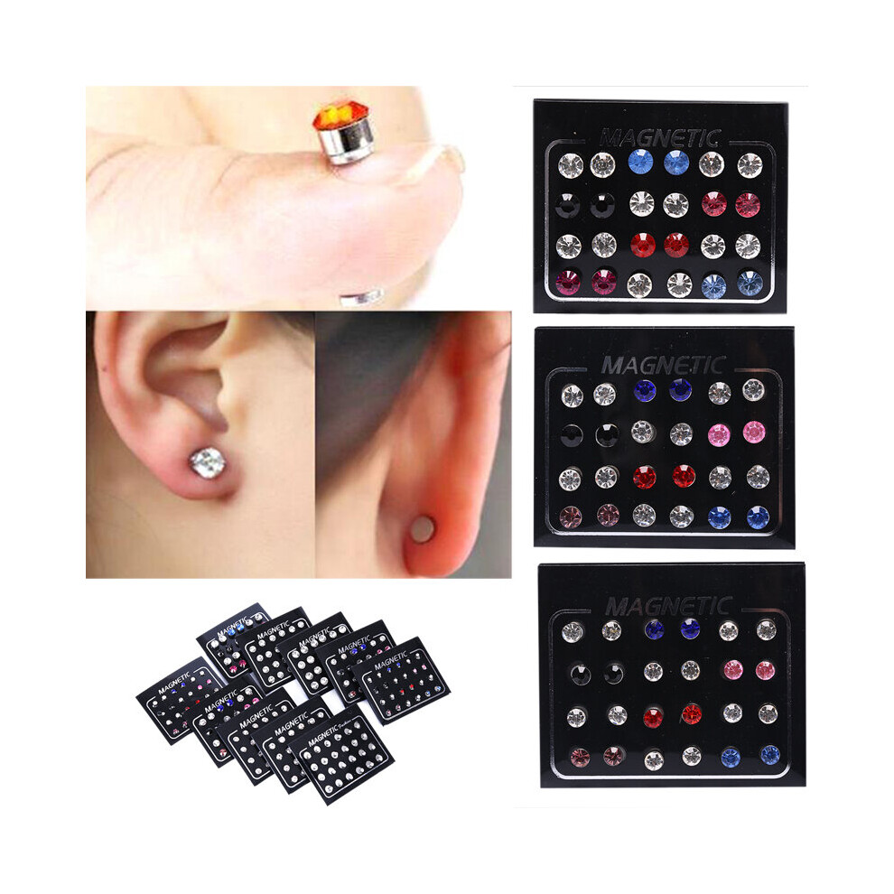 24Pcs/Set Unisex Stainless Steel Round Magnetic Non-Piercing Clip On Stud Earrings Crystal Round Ear Stud - Image 2