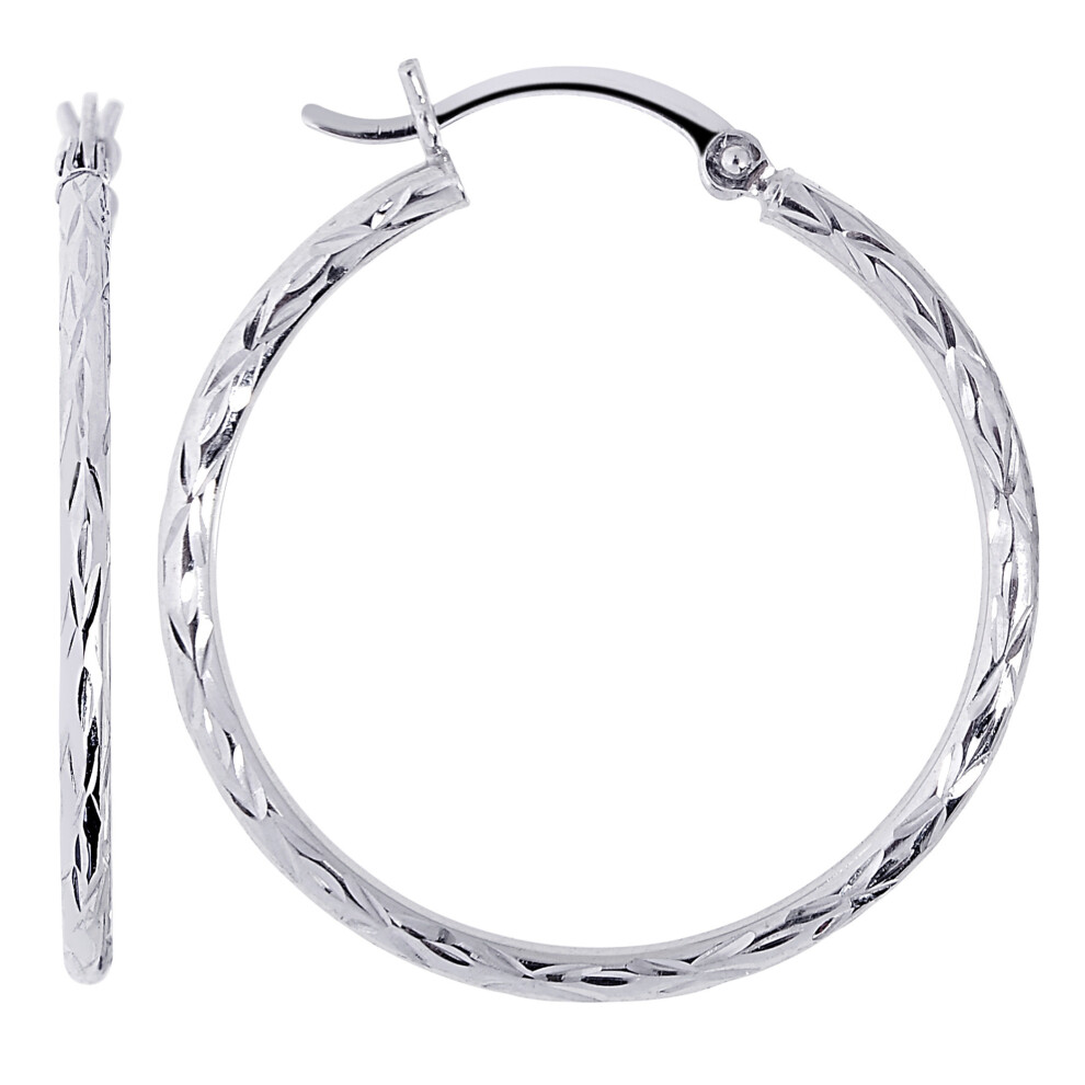 (30, White) 14K White Gold Diamond Cut Round Hoop Earrings