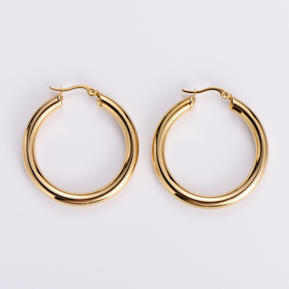 (30mm) Solid Gold Hoop Earrings with Latch Back Closure - Image 2