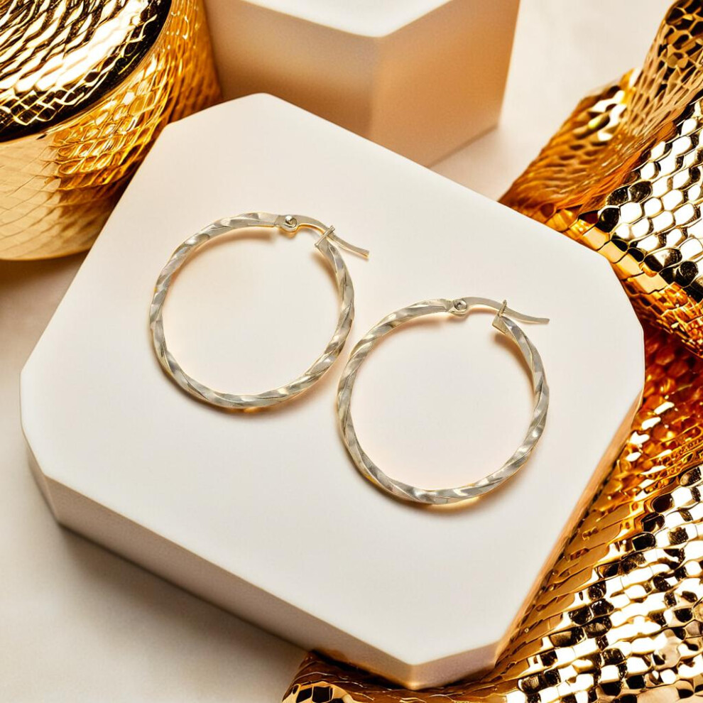 (30mm) Sterling Silver 2mm Thin Twist Round Hoop Earrings - Image 4