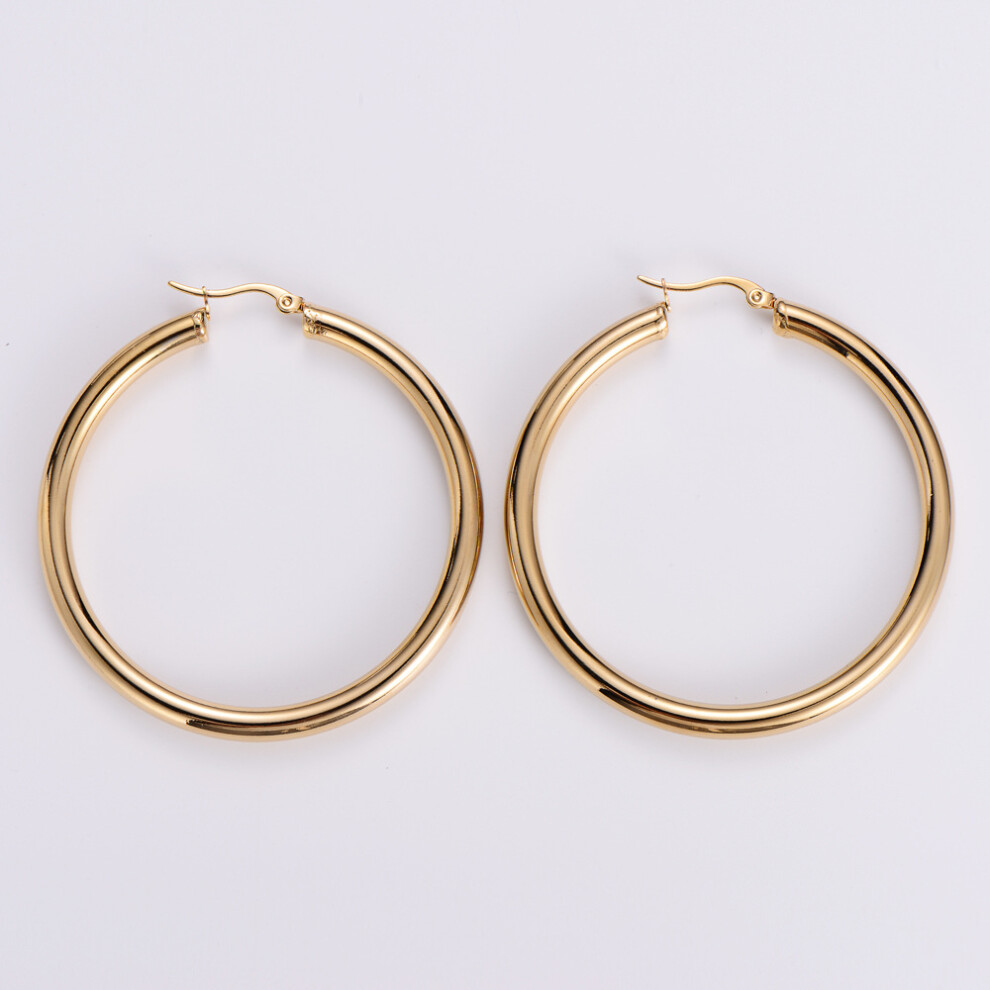 (50mm) Solid Gold Hoop Earrings with Latch Back Closure - Image 2