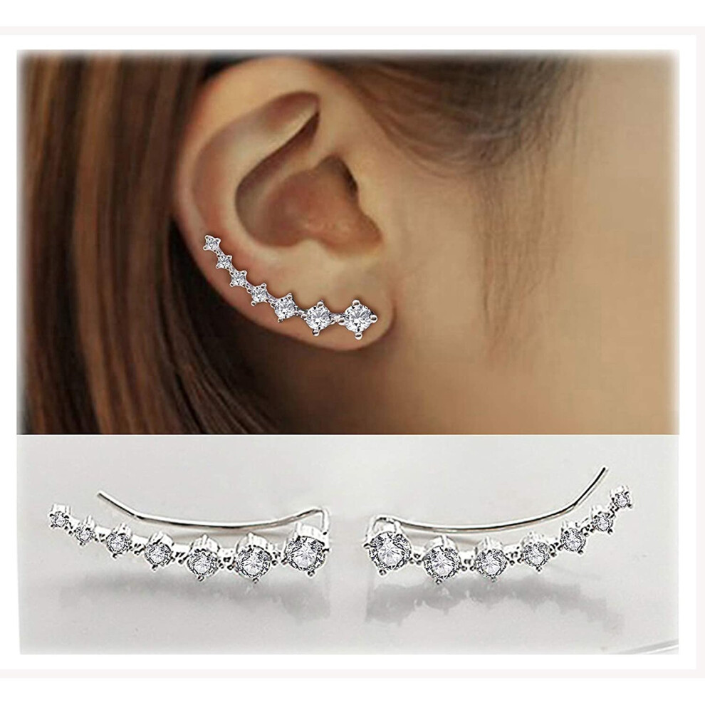 7 Crystals Ear Cuffs Hoop Climber S925 Sterling Silver Earrings Hypoallergenic Earring - Image 2