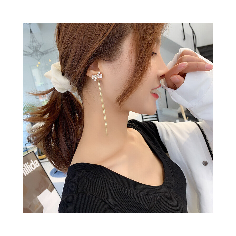 925 Silver Crystal Long Tassel Bow Net Red Earrings - Image 2