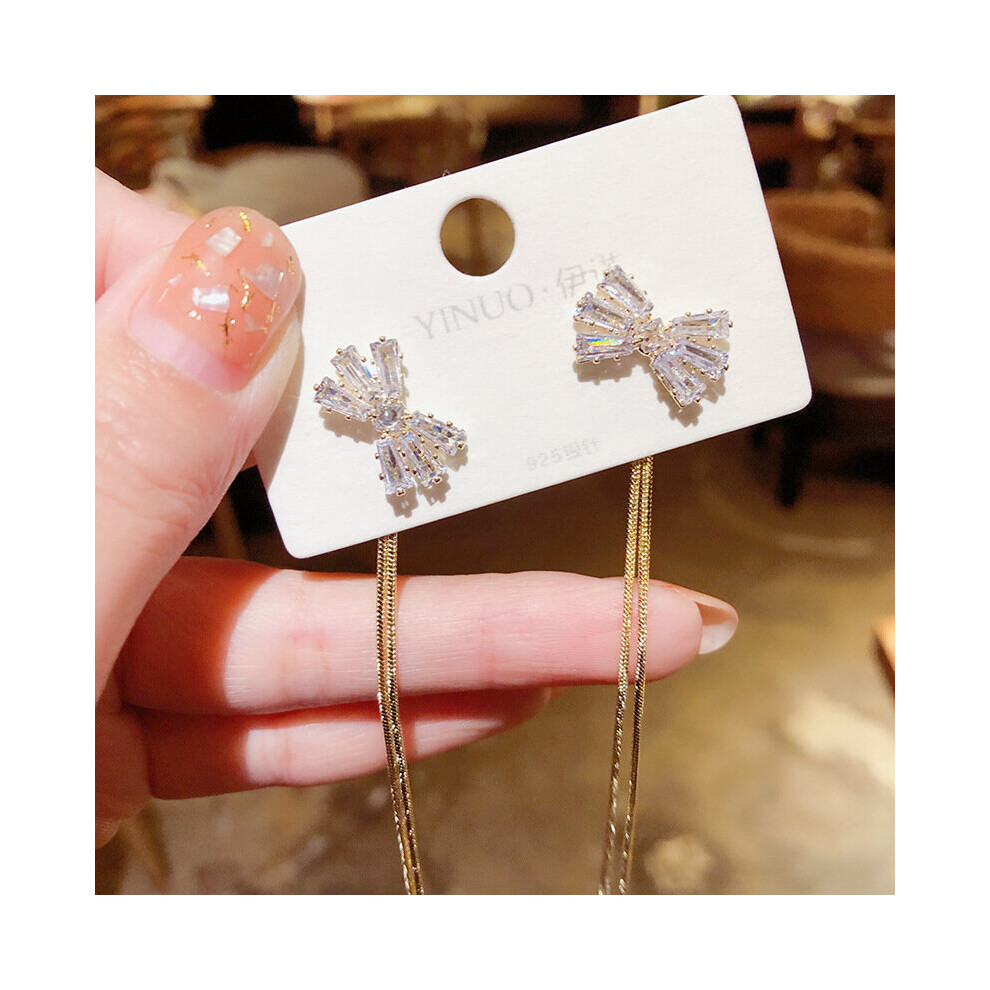 925 Silver Crystal Long Tassel Bow Net Red Earrings - Image 3