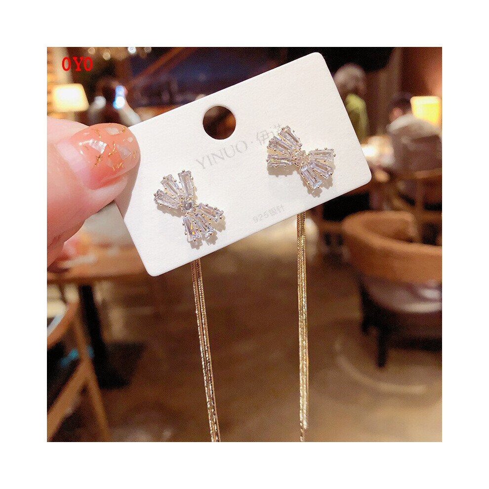 925 Silver Crystal Long Tassel Bow Net Red Earrings