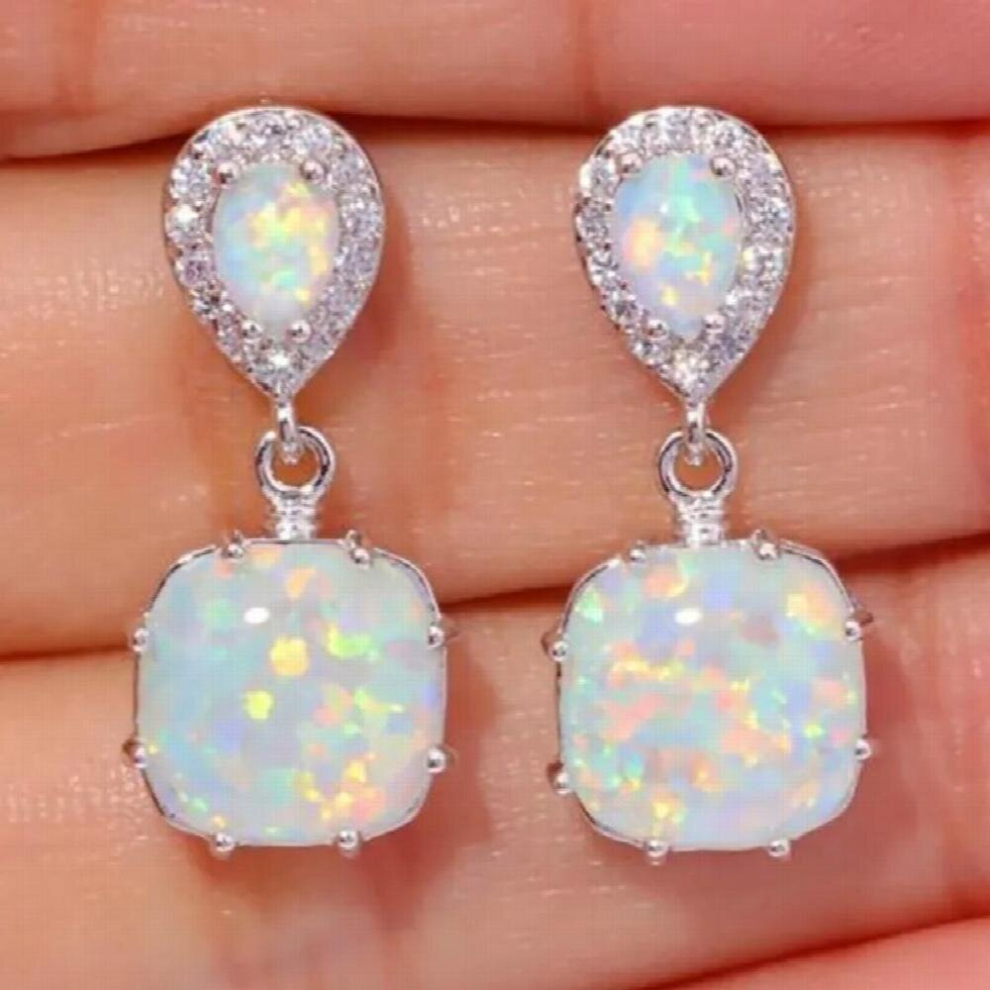 925 Silver Opal Jewelry Square Opal Earrings