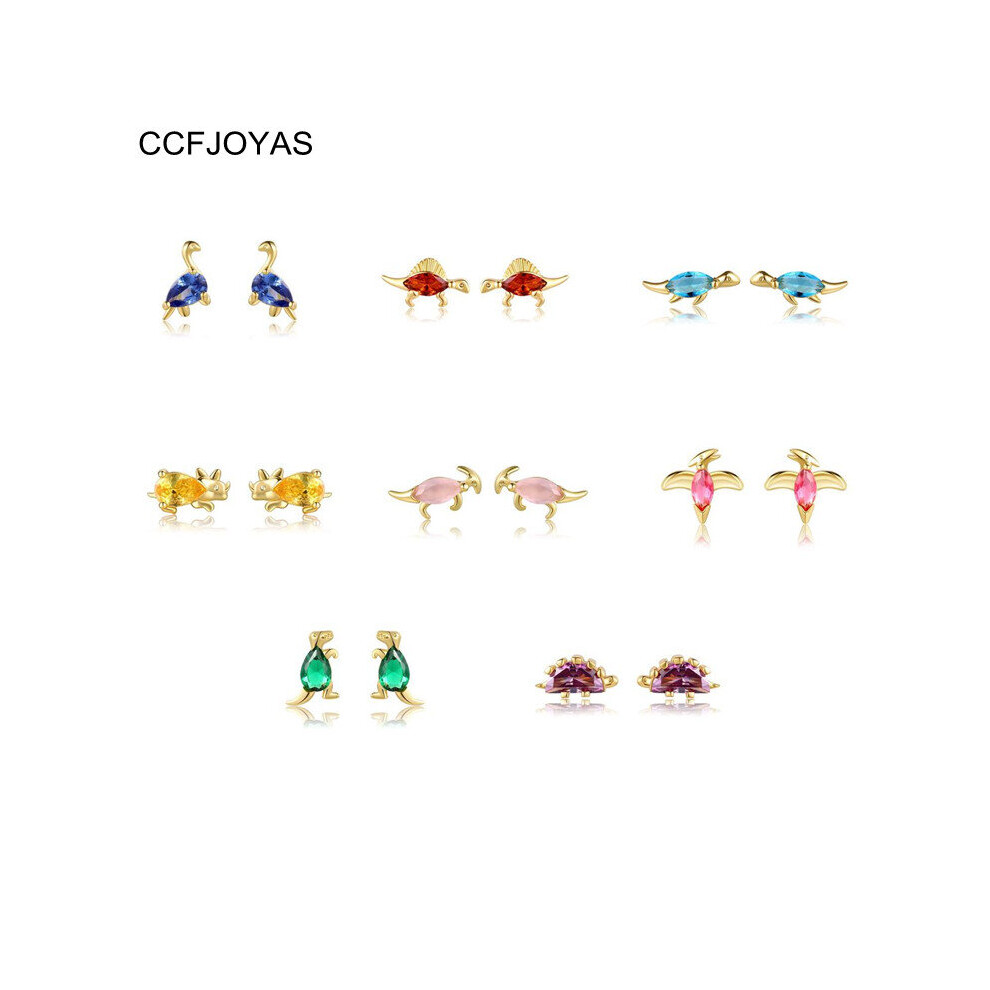925 Sterling Silver 8 pair/Set Small Dinosaur Series Stud Earrings for Women Colorful Zircon Animal Earrings Set - Image 2
