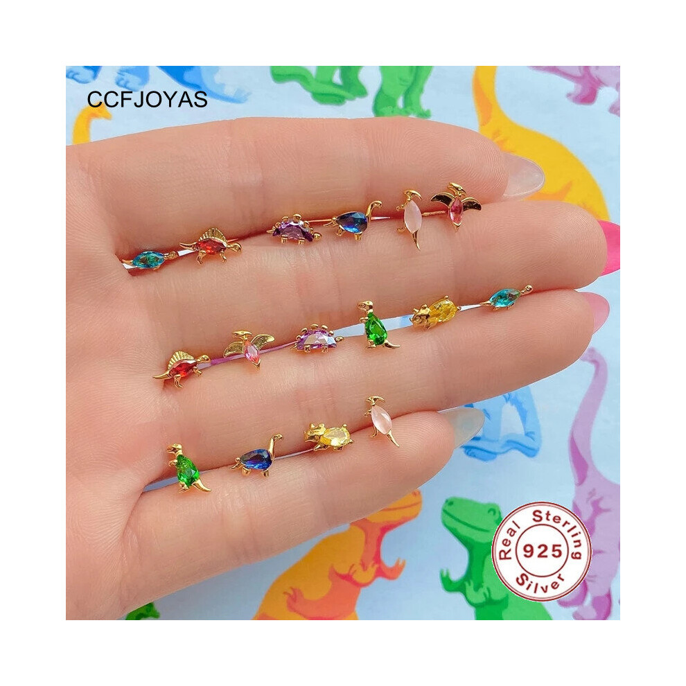 925 Sterling Silver 8 pair/Set Small Dinosaur Series Stud Earrings for Women Colorful Zircon Animal Earrings Set - Image 3