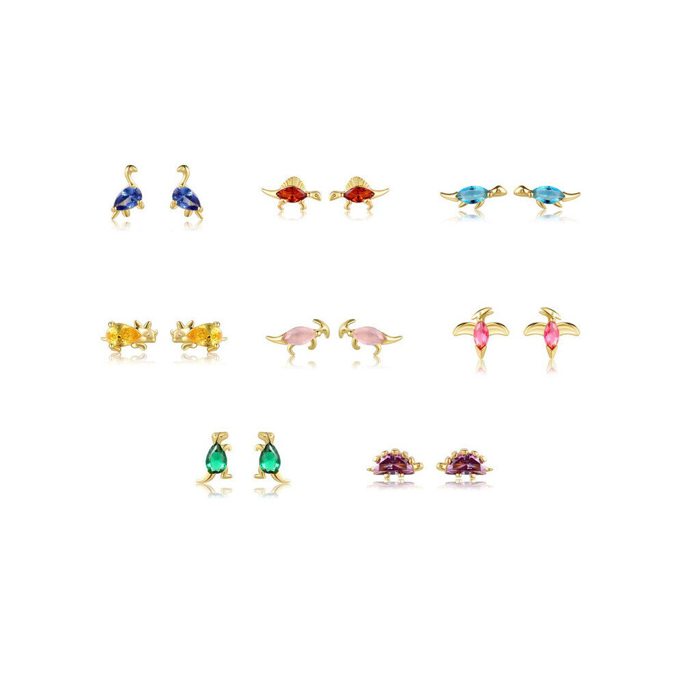 925 Sterling Silver 8 pair/Set Small Dinosaur Series Stud Earrings for Women Colorful Zircon Animal Earrings Set