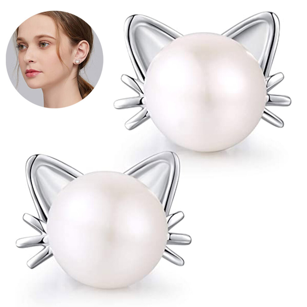 925 Sterling Silver Cat Stud Earrings Simulated Pearl Earrings Cute Hypoallergenic Cat Shell Earrings - Image 2