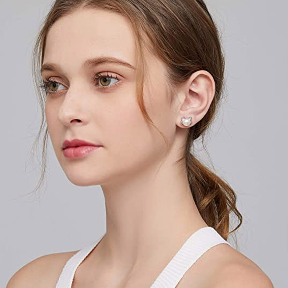 925 Sterling Silver Cat Stud Earrings Simulated Pearl Earrings Cute Hypoallergenic Cat Shell Earrings - Image 3