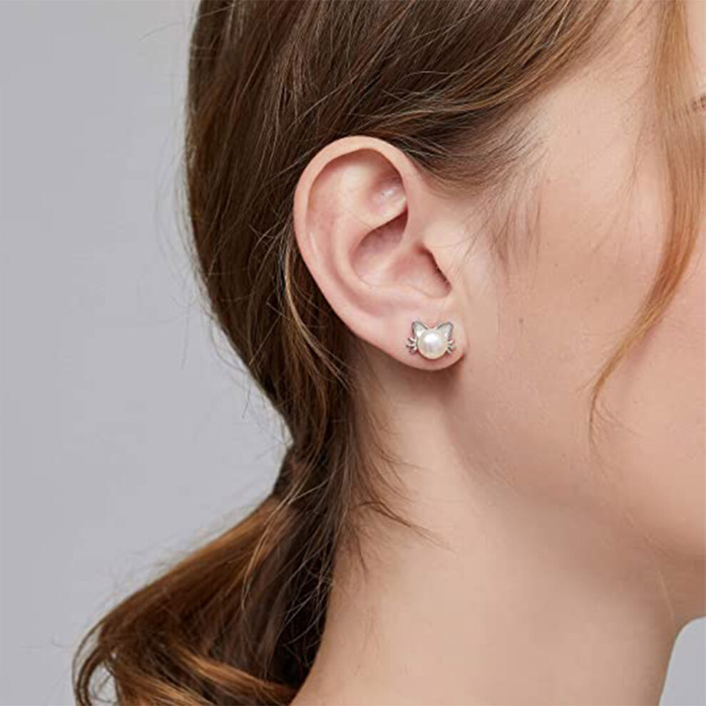925 Sterling Silver Cat Stud Earrings Simulated Pearl Earrings Cute Hypoallergenic Cat Shell Earrings - Image 4