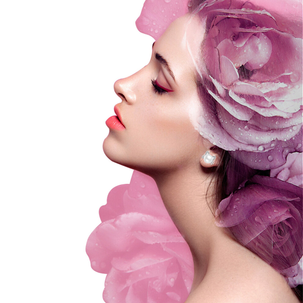 925 Sterling Silver Cat Stud Earrings Simulated Pearl Earrings Cute Hypoallergenic Cat Shell Earrings - Image 5