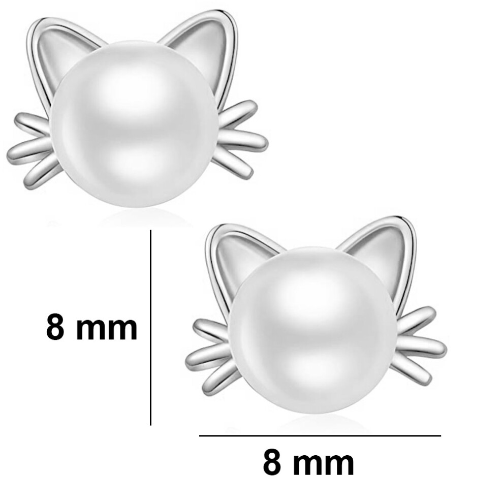 925 Sterling Silver Cat Stud Earrings Simulated Pearl Earrings Cute Hypoallergenic Cat Shell Earrings - Image 6