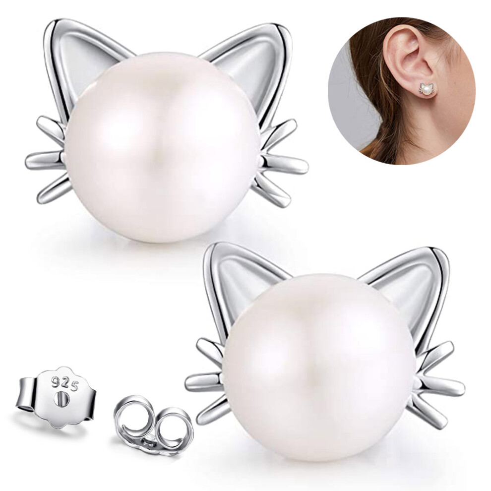 925 Sterling Silver Cat Stud Earrings Simulated Pearl Earrings Cute Hypoallergenic Cat Shell Earrings