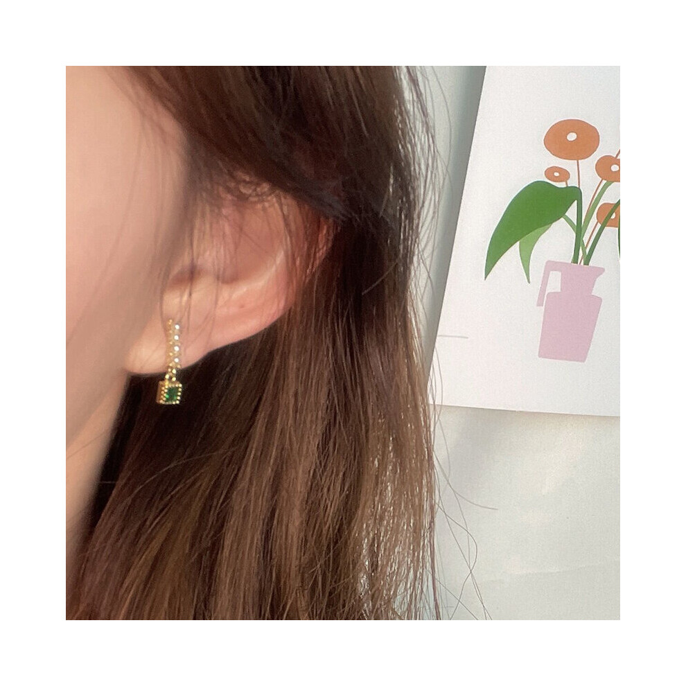 925 Sterling Silver Classic Geometric Vintage Square Green Zircon Pearl Earrings For Women Earring Stud Girl Jewelry - Image 3