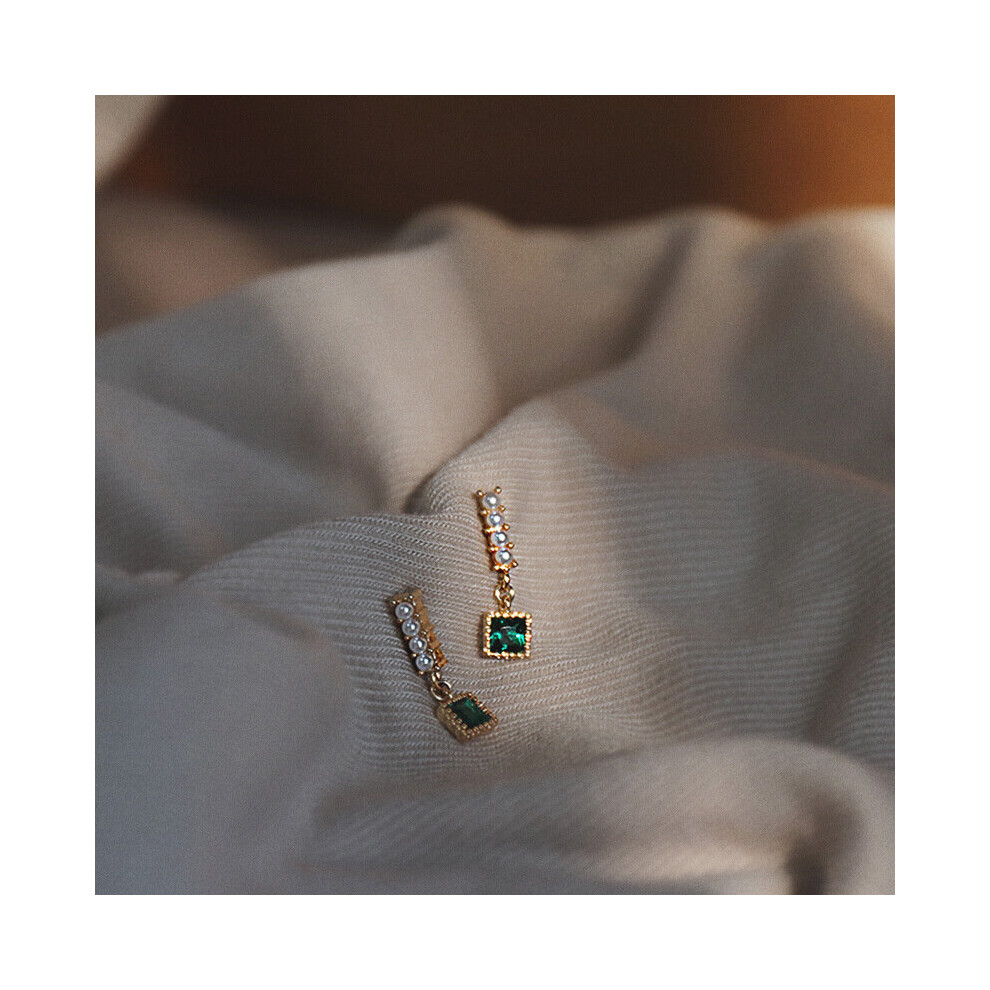 925 Sterling Silver Classic Geometric Vintage Square Green Zircon Pearl Earrings For Women Earring Stud Girl Jewelry - Image 5