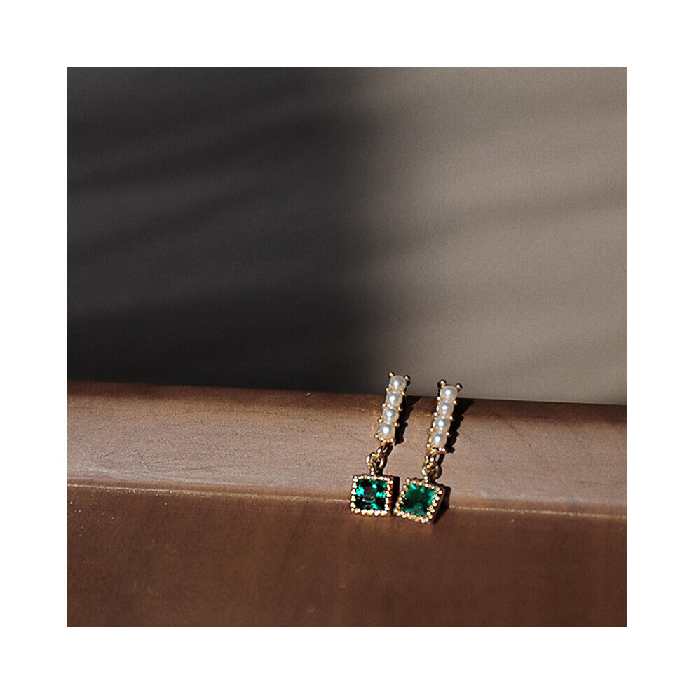 925 Sterling Silver Classic Geometric Vintage Square Green Zircon Pearl Earrings For Women Earring Stud Girl Jewelry