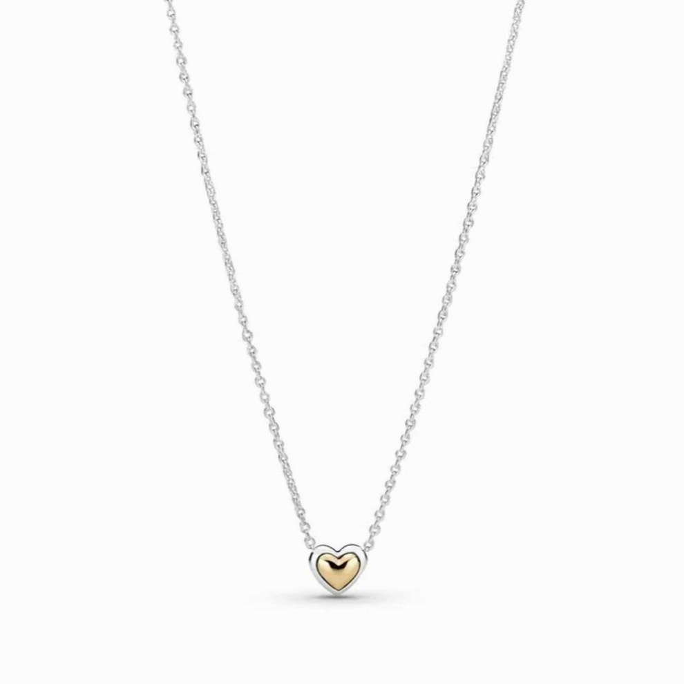 925 Sterling Silver Domed Golden Heart Collier Necklace Fit Women Bead Charm Gift DIY Jewelry
