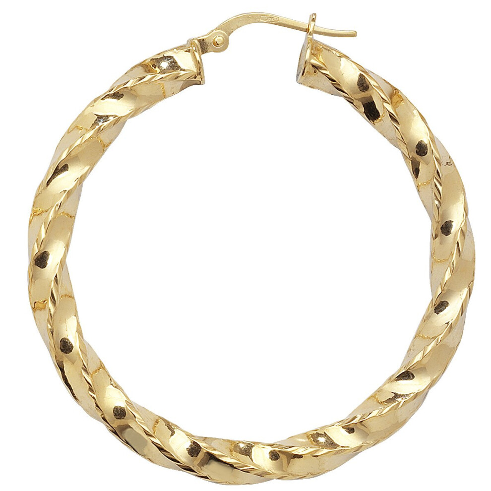 9ct Yellow Gold Large Diamond Cut Twist Hoop Earrings