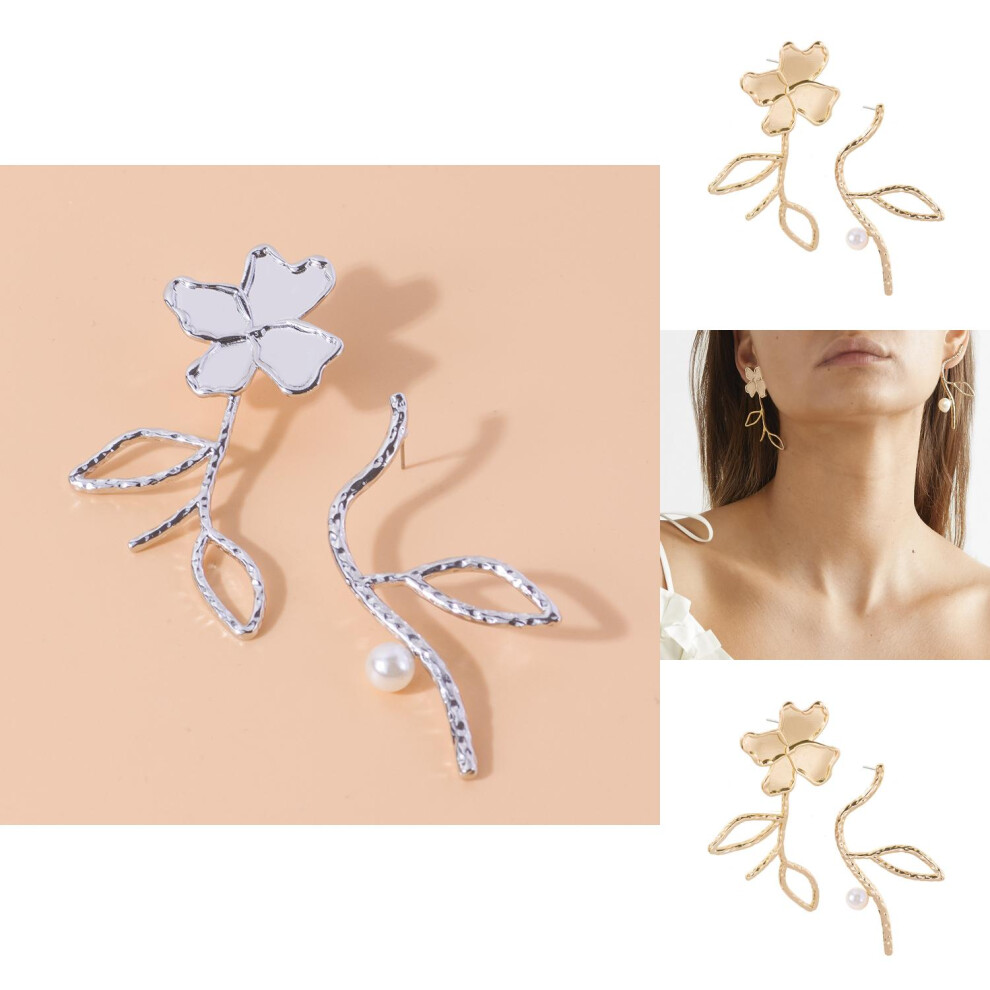Asymmetric Bold Flower Pearl Earrings Unique Alloy Design For Women - Image 3