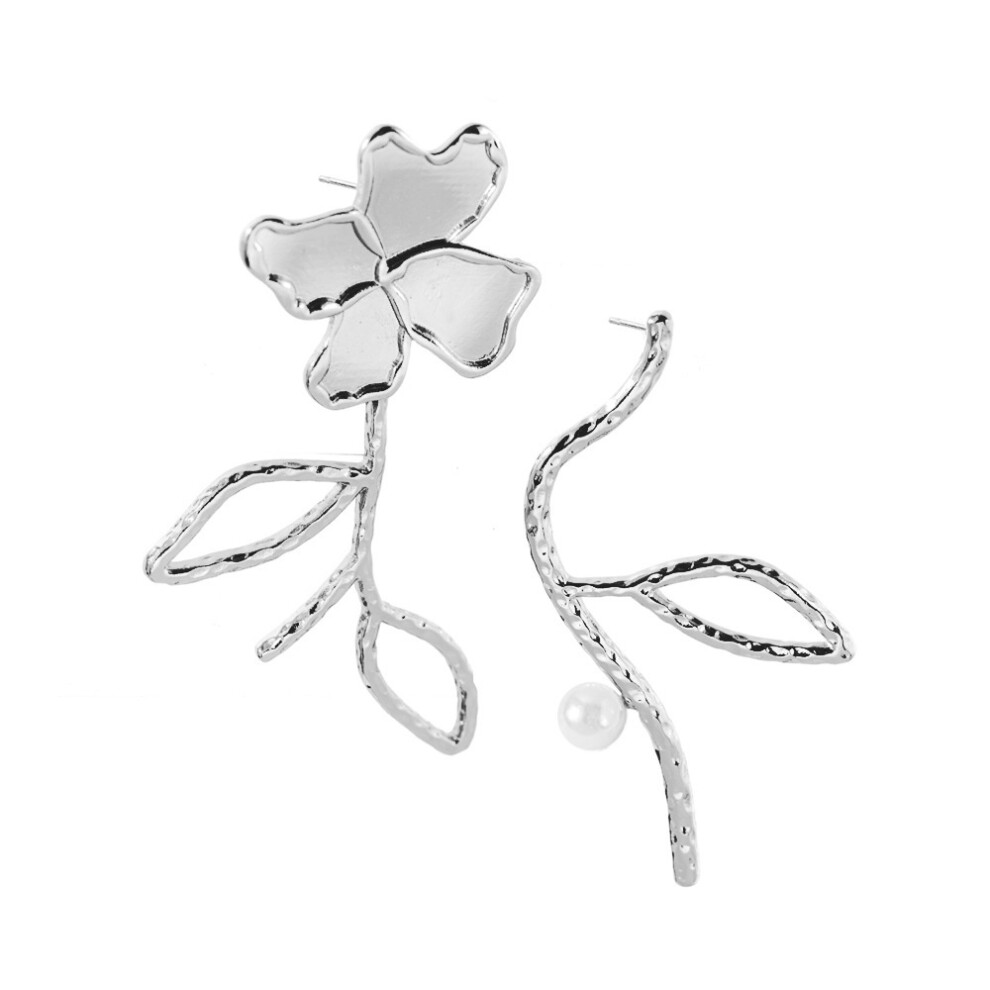 Asymmetric Bold Flower Pearl Earrings Unique Alloy Design For Women - Image 7
