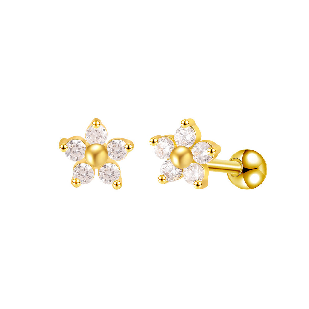 Charming 18K Gold Floral Daisy Stud Earrings, Flat Back Tragus - Image 2