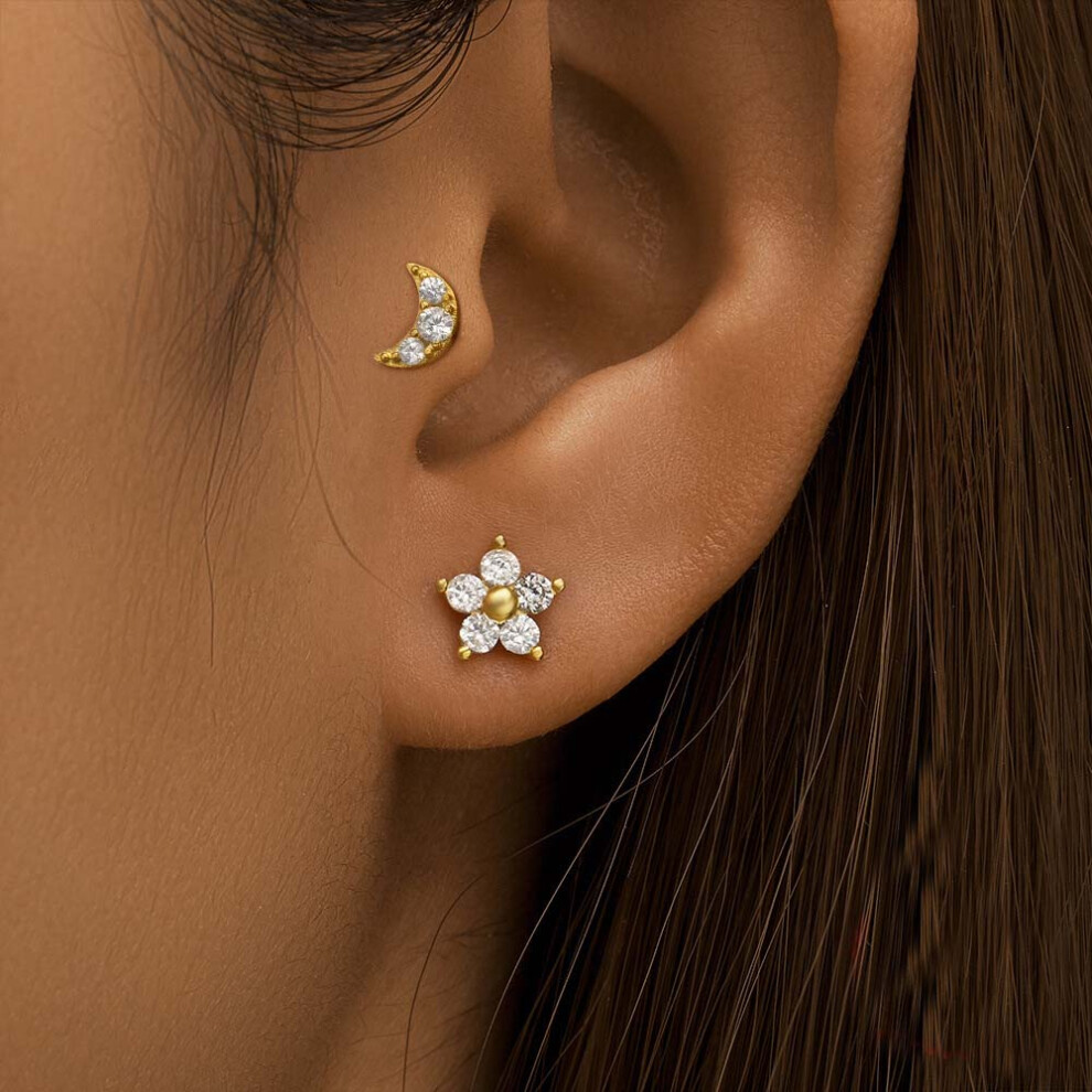 Charming 18K Gold Floral Daisy Stud Earrings, Flat Back Tragus