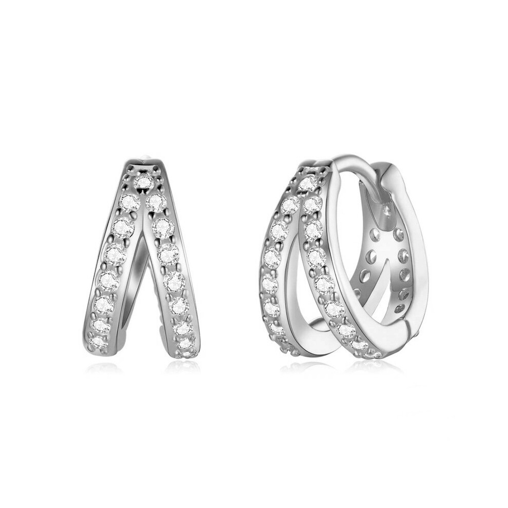 Chic Double Pave Huggie Hinged Hoop Earrings, Stainless Steel