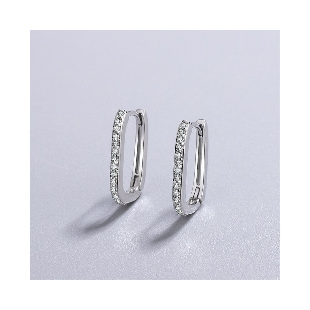 Chic Pave Oval Silver Hoops,Minimalist U-Shaped Earrings, CZ Jewellery
