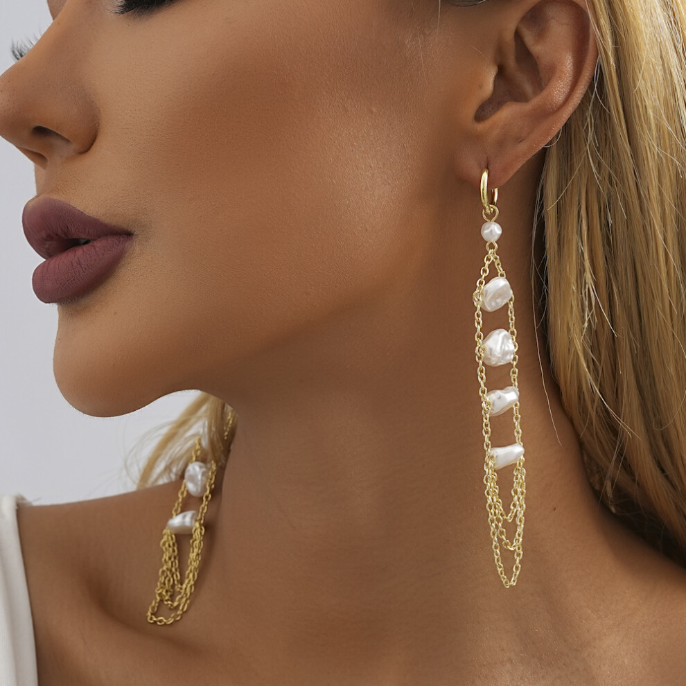 Chic White Geometric Faux Pearl Earrings With Chain Tassels For Women 2023 - Image 3