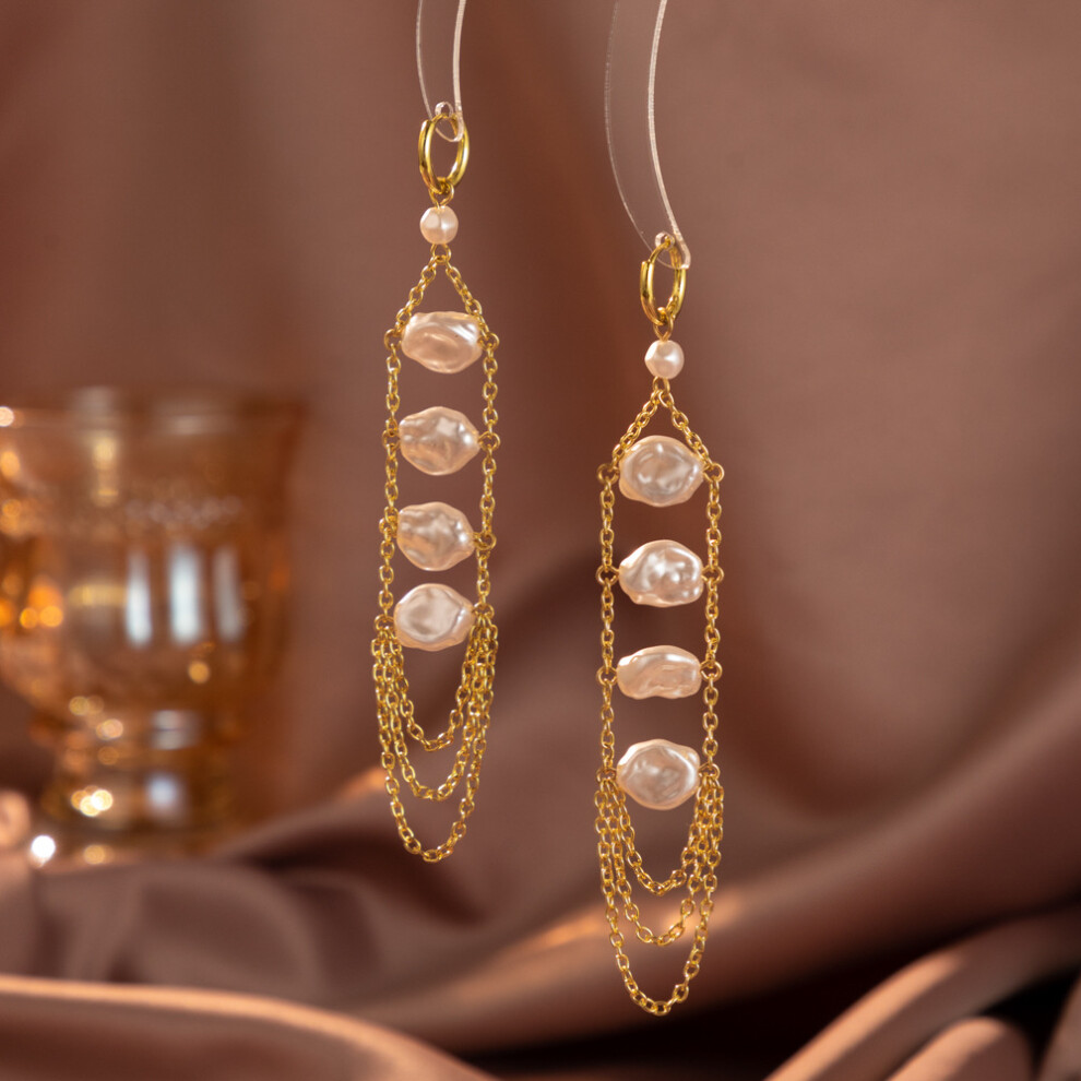 Chic White Geometric Faux Pearl Earrings With Chain Tassels For Women 2023 - Image 5