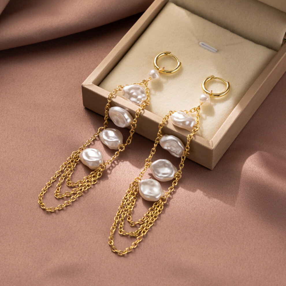 Chic White Geometric Faux Pearl Earrings With Chain Tassels For Women 2023 - Image 6