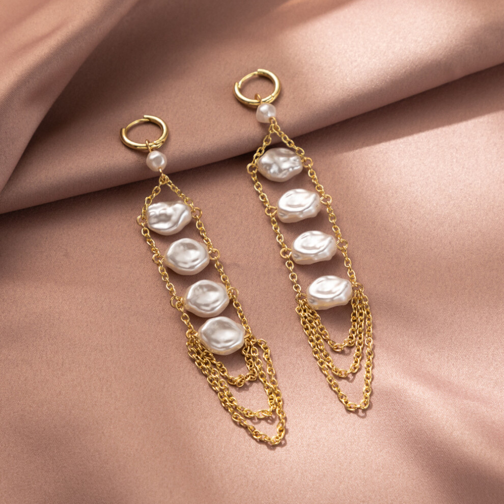 Chic White Geometric Faux Pearl Earrings With Chain Tassels For Women 2023 - Image 7