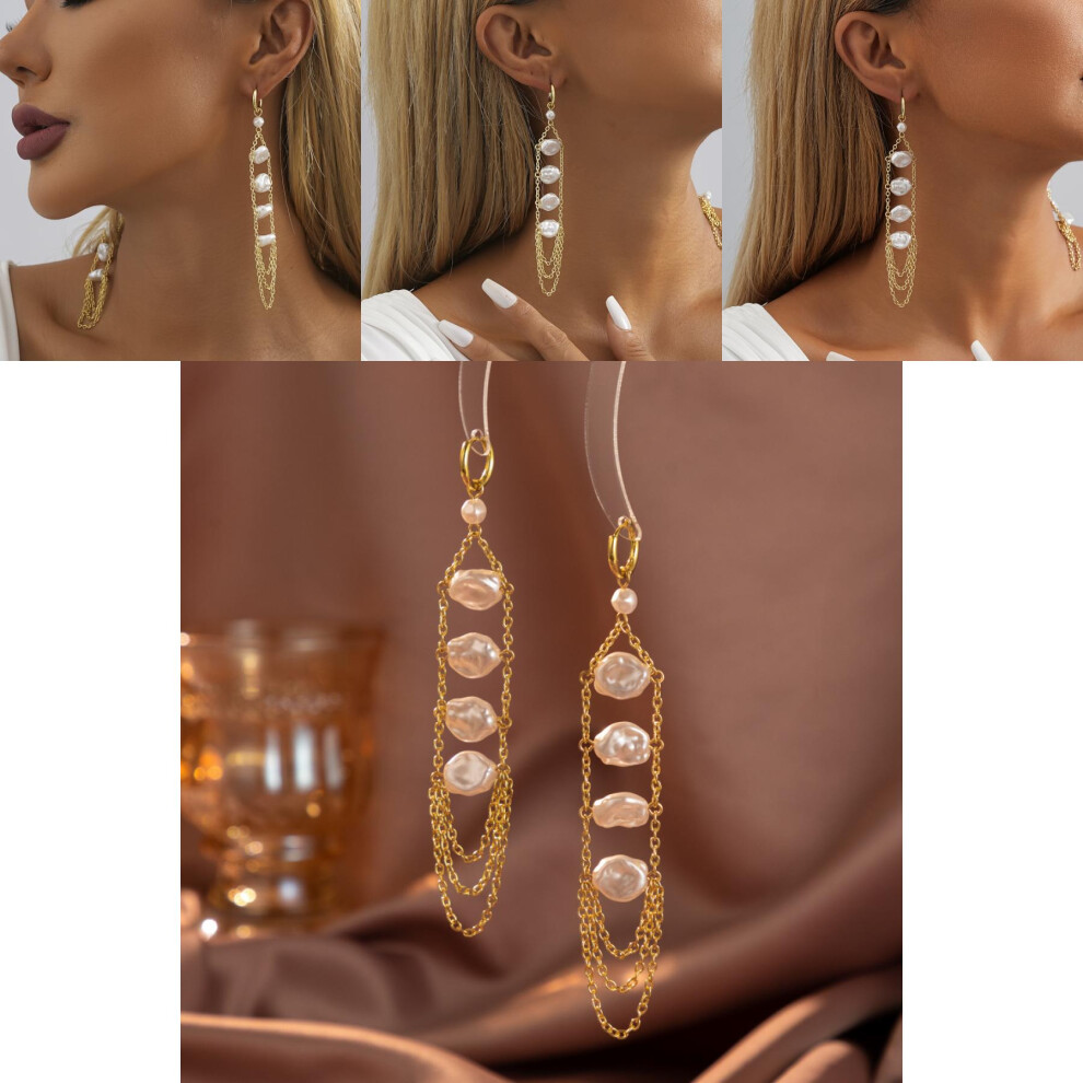 Chic White Geometric Faux Pearl Earrings With Chain Tassels For Women 2023