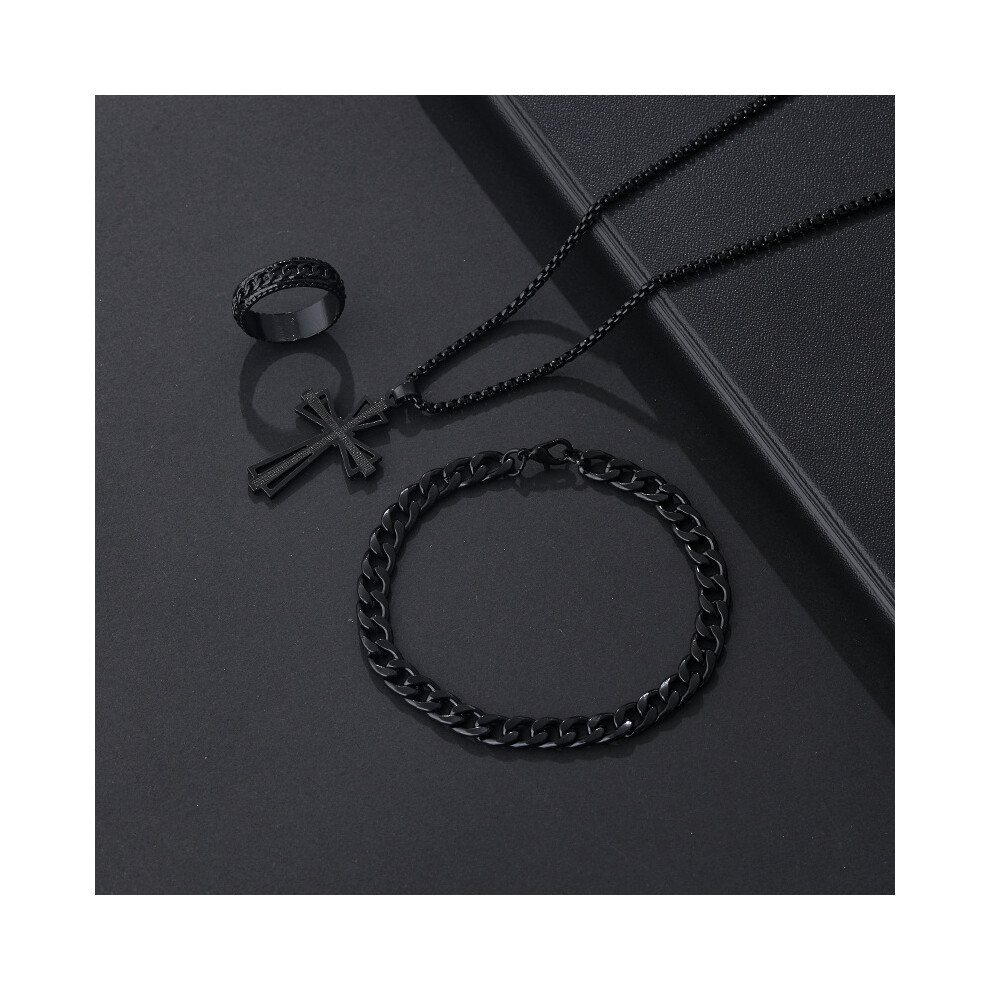 (CK0697 Black 3-piece set) Cross Chain Ring Bracelet Necklace