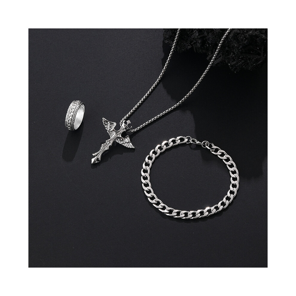 (CK0705 Silver 3-piece set) Cross Chain Ring Bracelet Necklace
