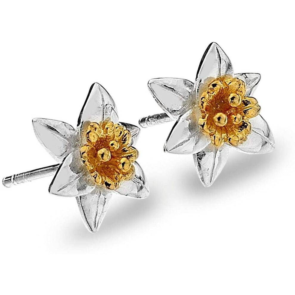 Daffodil Stud Earrings Sterling Silver 925 Hallmarked Gold Detail Studs - Image 2