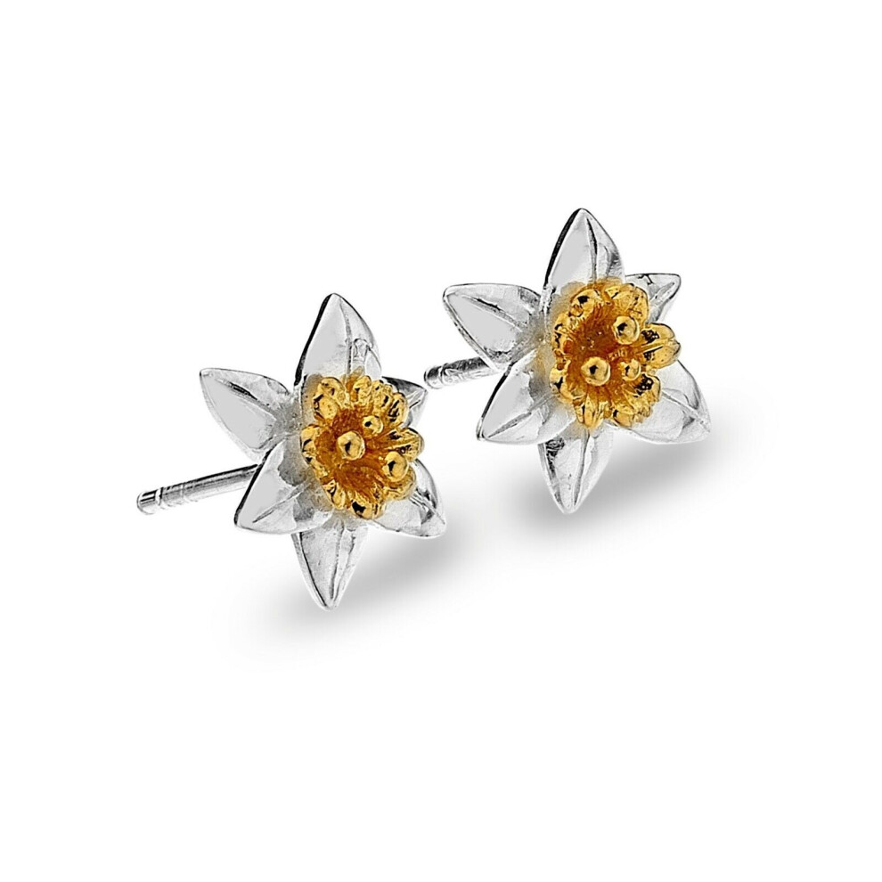 Daffodil Stud Earrings Sterling Silver 925 Hallmarked Gold Detail Studs - Image 3