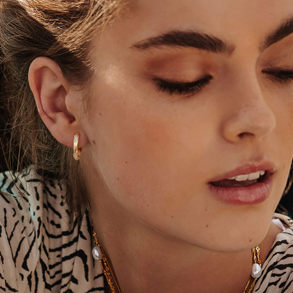 Dainty CZ Hoop Earrings, 14K Gold Filled Thick Round Starburst Design - Image 2