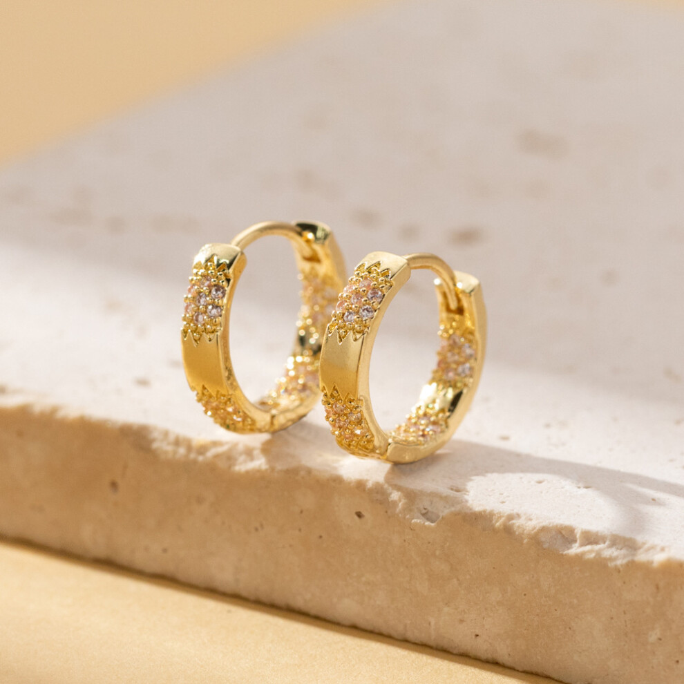 Dainty CZ Hoop Earrings, 14K Gold Filled Thick Round Starburst Design - Image 3
