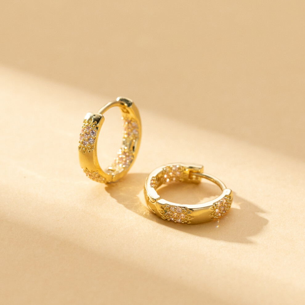 Dainty CZ Hoop Earrings, 14K Gold Filled Thick Round Starburst Design - Image 5