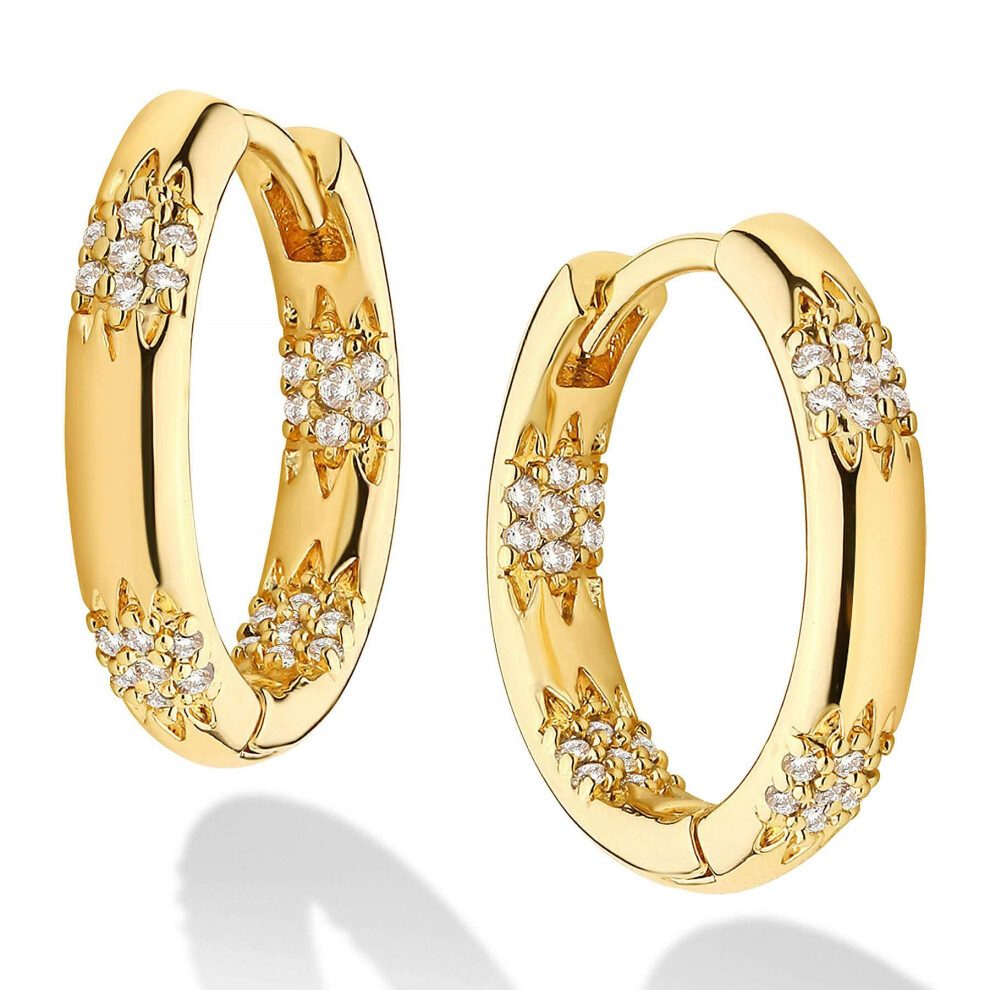 Dainty CZ Hoop Earrings, 14K Gold Filled Thick Round Starburst Design