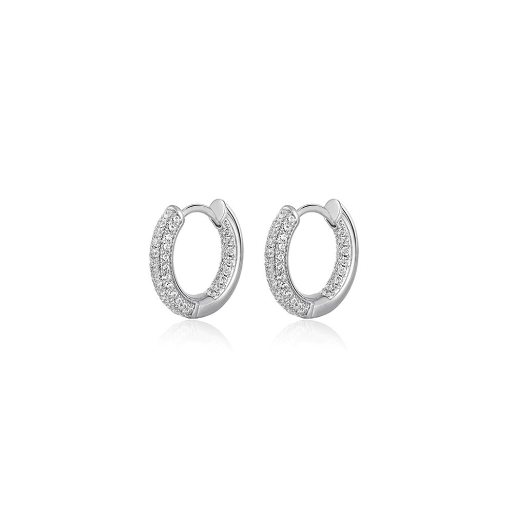 Dainty Small Huggie Hoop Earrings, Silver Round CZ Studs - Image 4