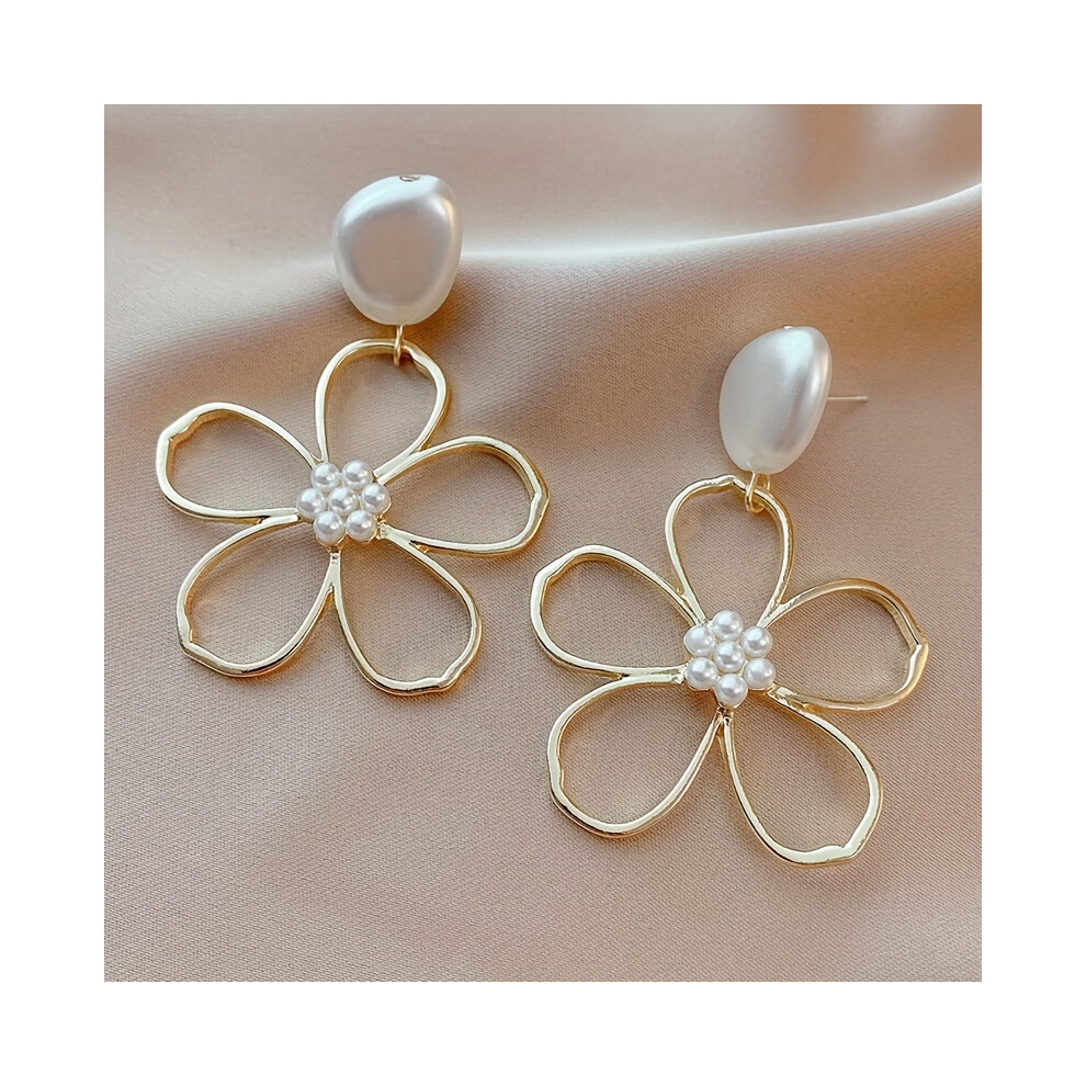 Dangle Earrings Trendy Hollow Flower Design Inlaid Artificial Pearl Match Daily Outfits Party Accessories Statement Earrings - Image 5
