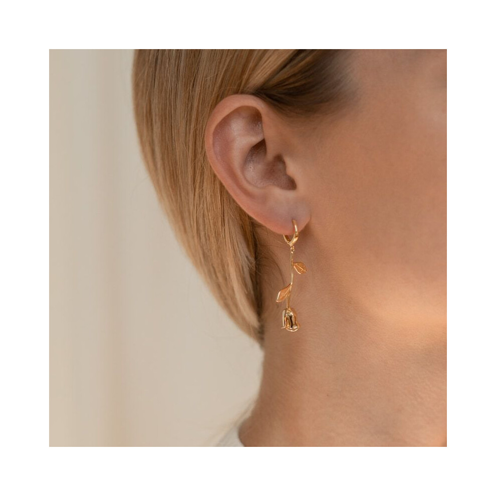 Dangling Rose Earrings, Gold-Plated, Dangle Rose Charm Huggie Hoops - Image 2