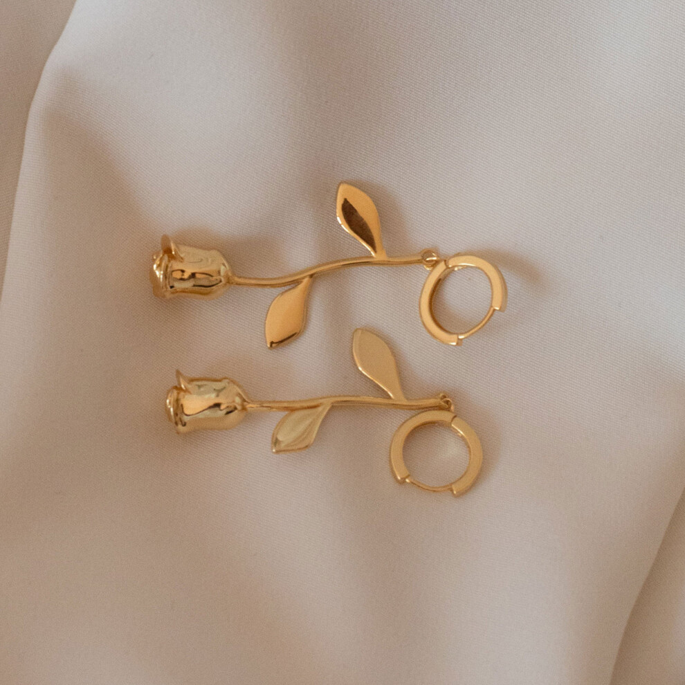 Dangling Rose Earrings, Gold-Plated, Dangle Rose Charm Huggie Hoops - Image 3